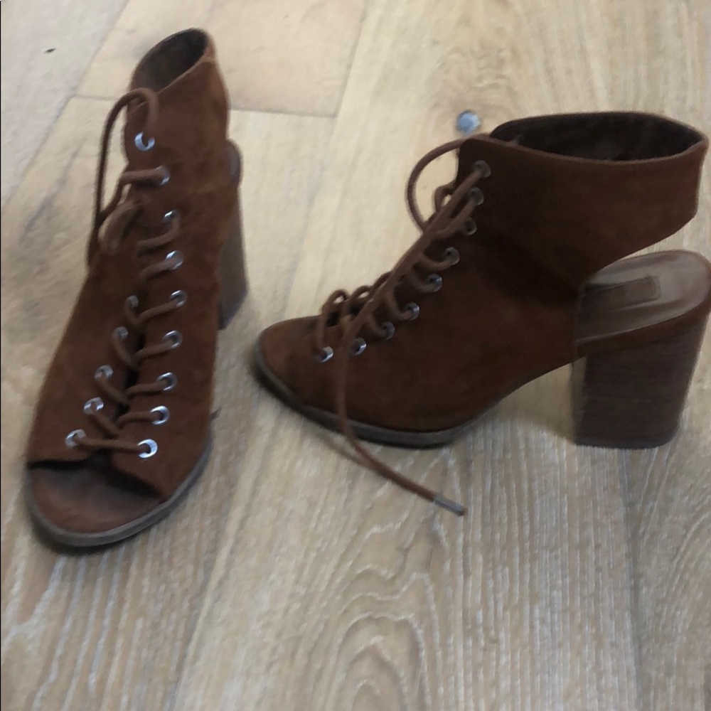 Open heel and open toe suede tie up heels